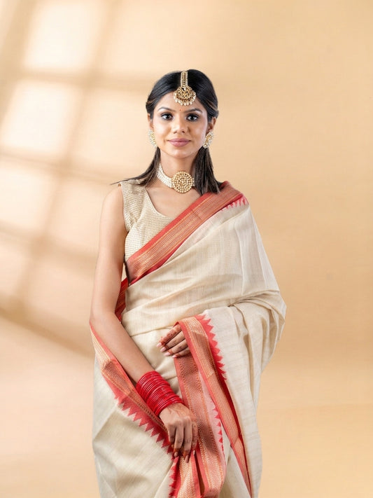 Beige Chanderi Cotton Tussar Saree