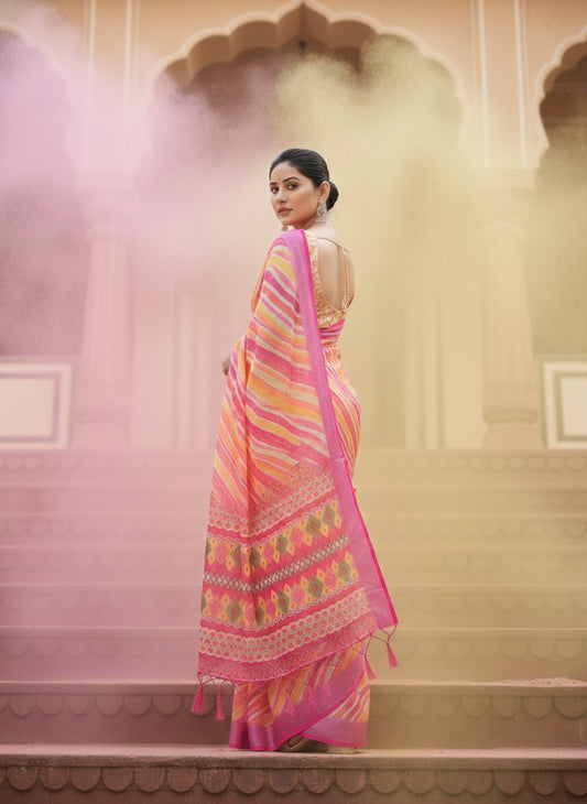 Pink Yellow Laheriya Cotton Linen Saree