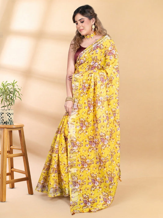 Mustard Yellow Linen Cotton Tissue Saree