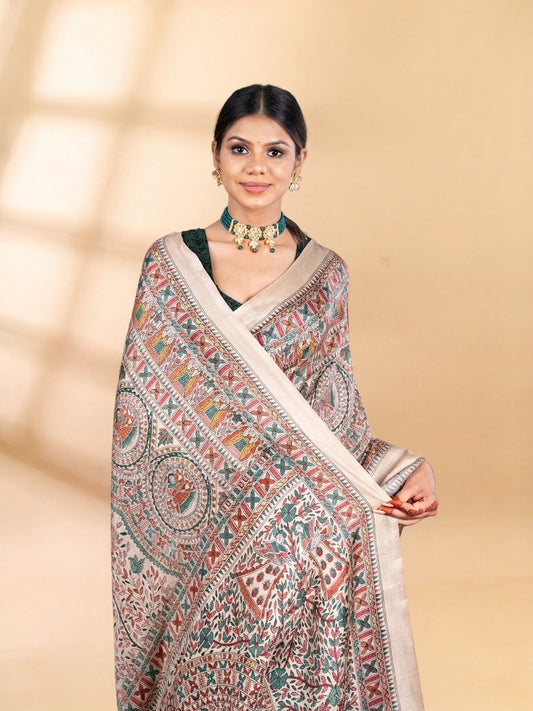 Green and Beige Matka Silk Madhubani Saree