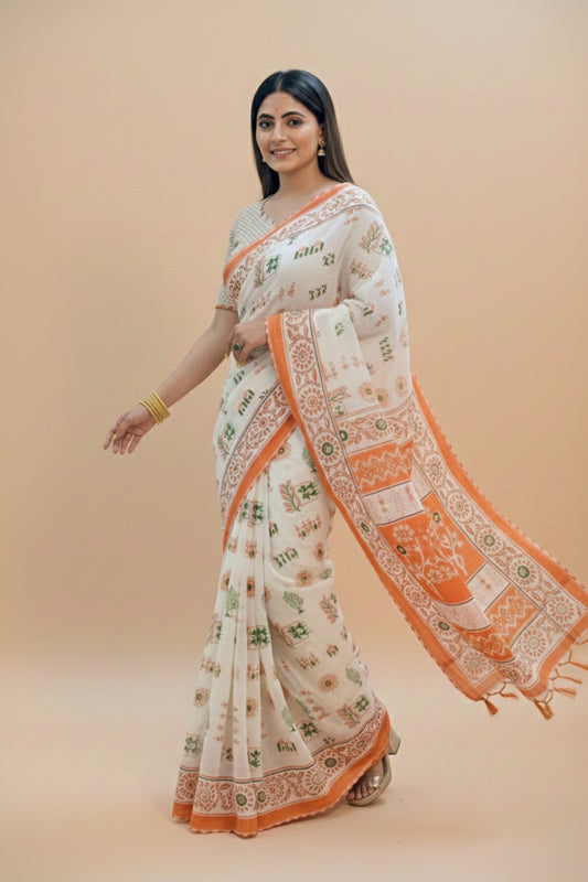 Ivory Orange Warli Print Mal Cotton Saree