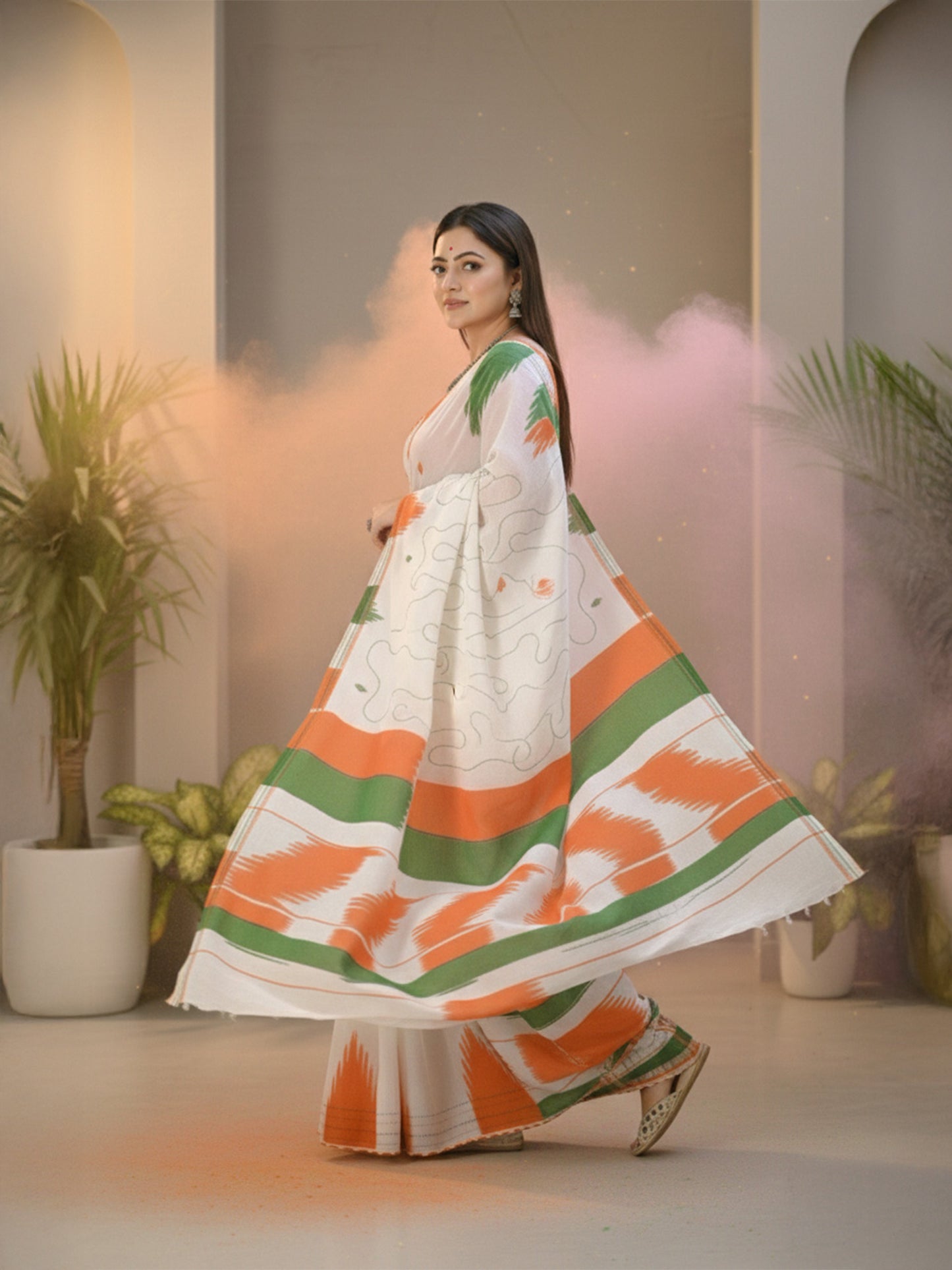 Ivory Green Mul Cotton Kantha Saree