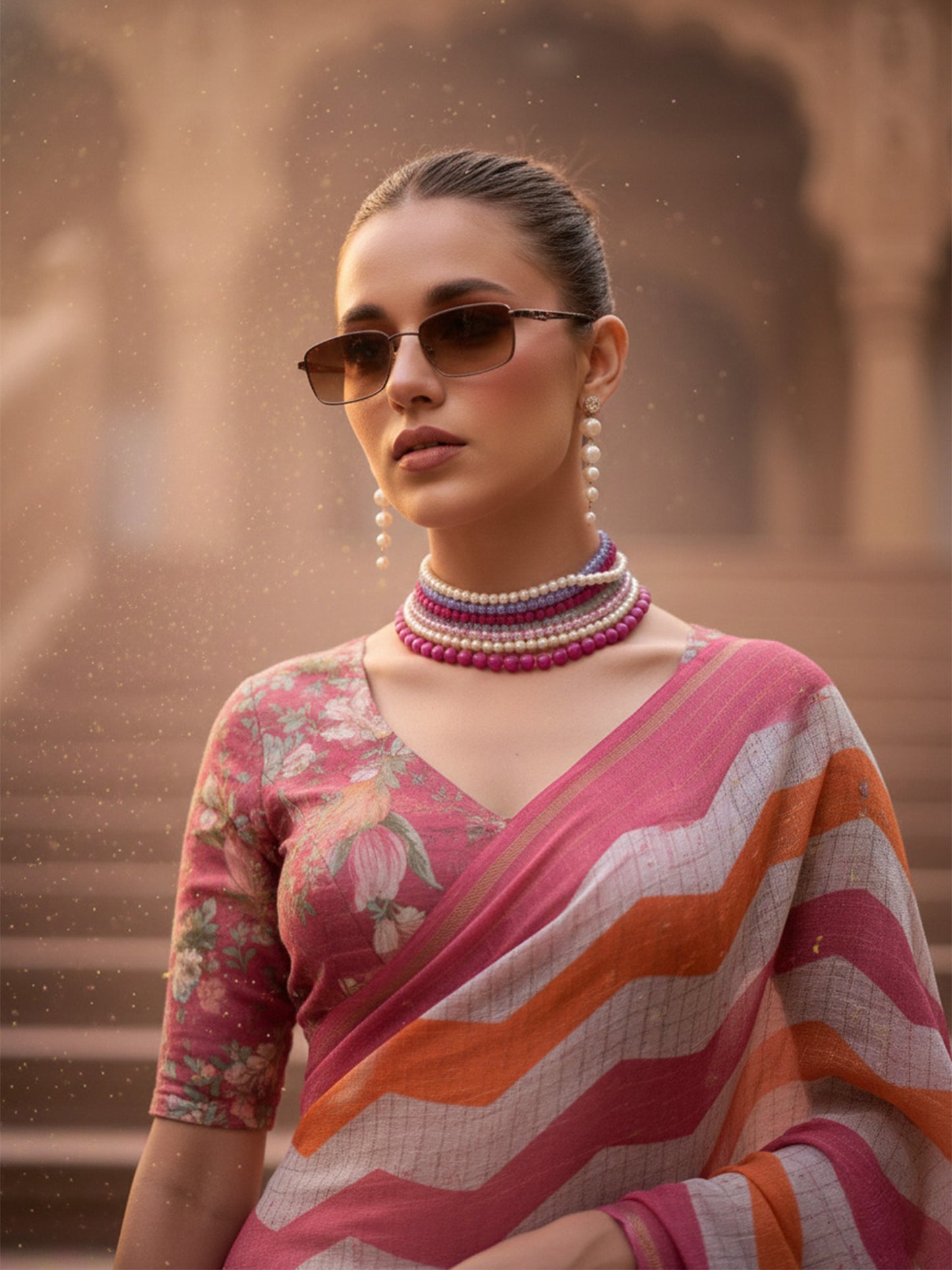 Pink & Orange Cotton Linen Printed Saree