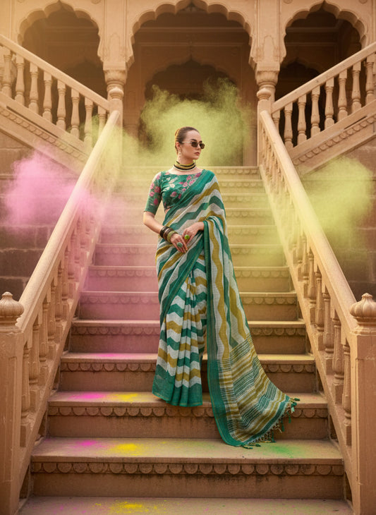 Green Yellow Zigzag Print Cotton Linen Saree with Check Pattern