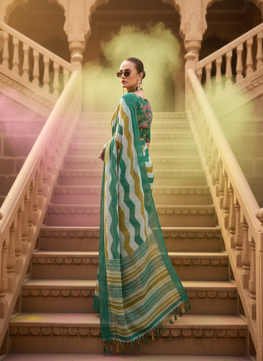 Green Yellow Zigzag Print Cotton Linen Saree with Check Pattern