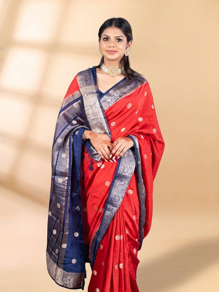 Red and Blue Assam Silk Saree
