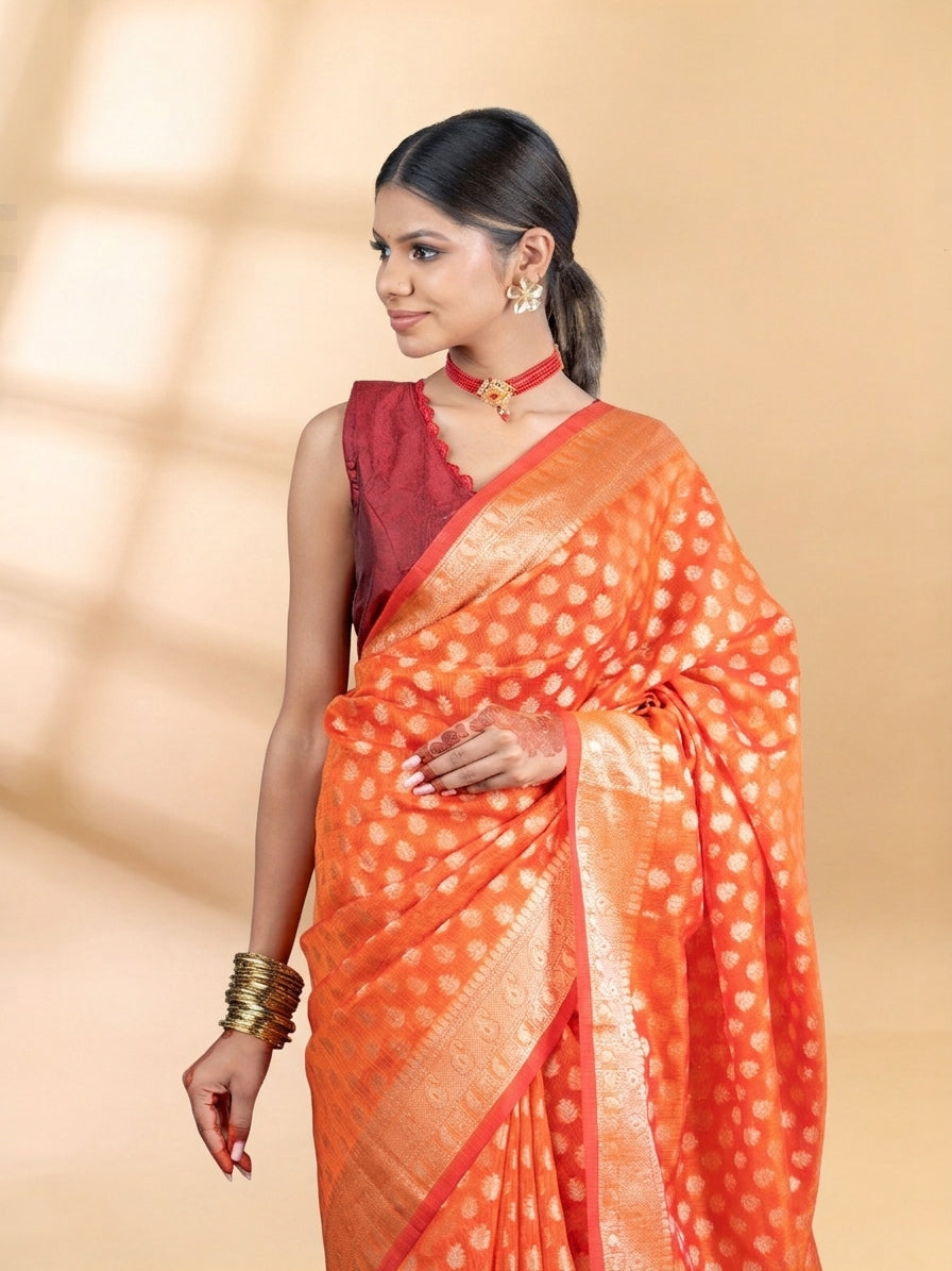 Orange Banarasi Chanderi Zari Saree