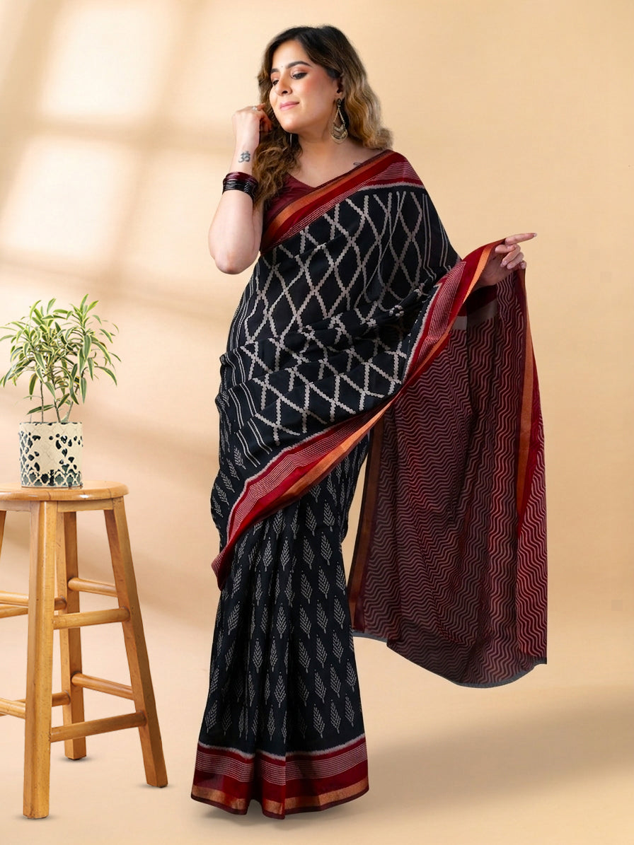 Black and Maroon Maheshwari Silk Saree