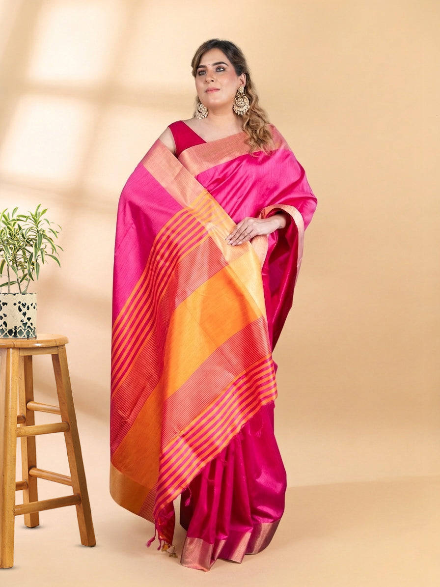 Pink Semi-Raw Silk Saree