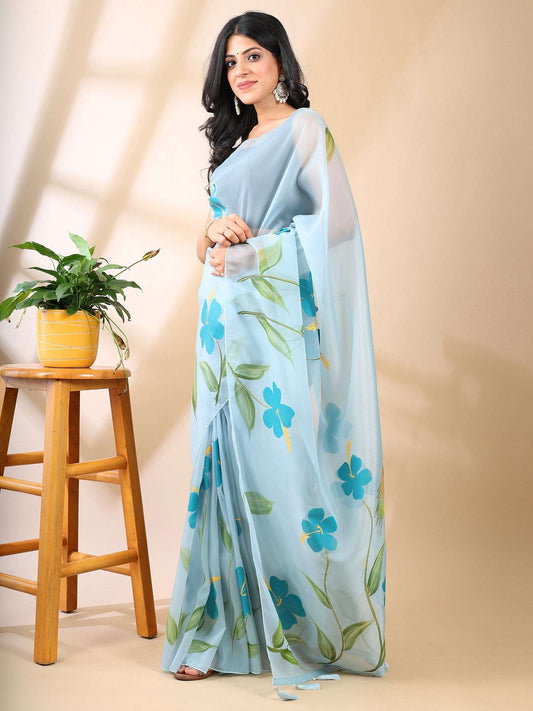 Tropical Tranquility- Sky Blue Hand-Painted Organza Saree