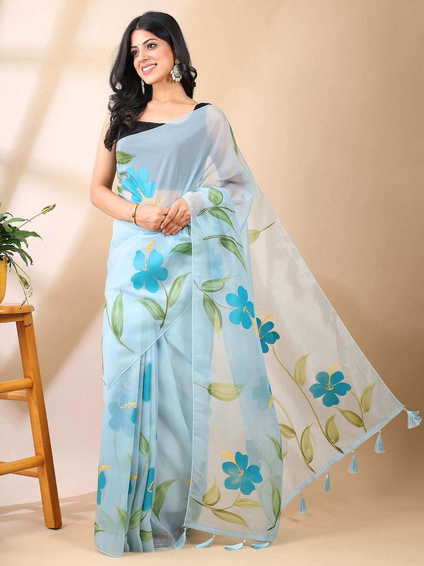 Tropical Tranquility- Sky Blue Hand-Painted Organza Saree