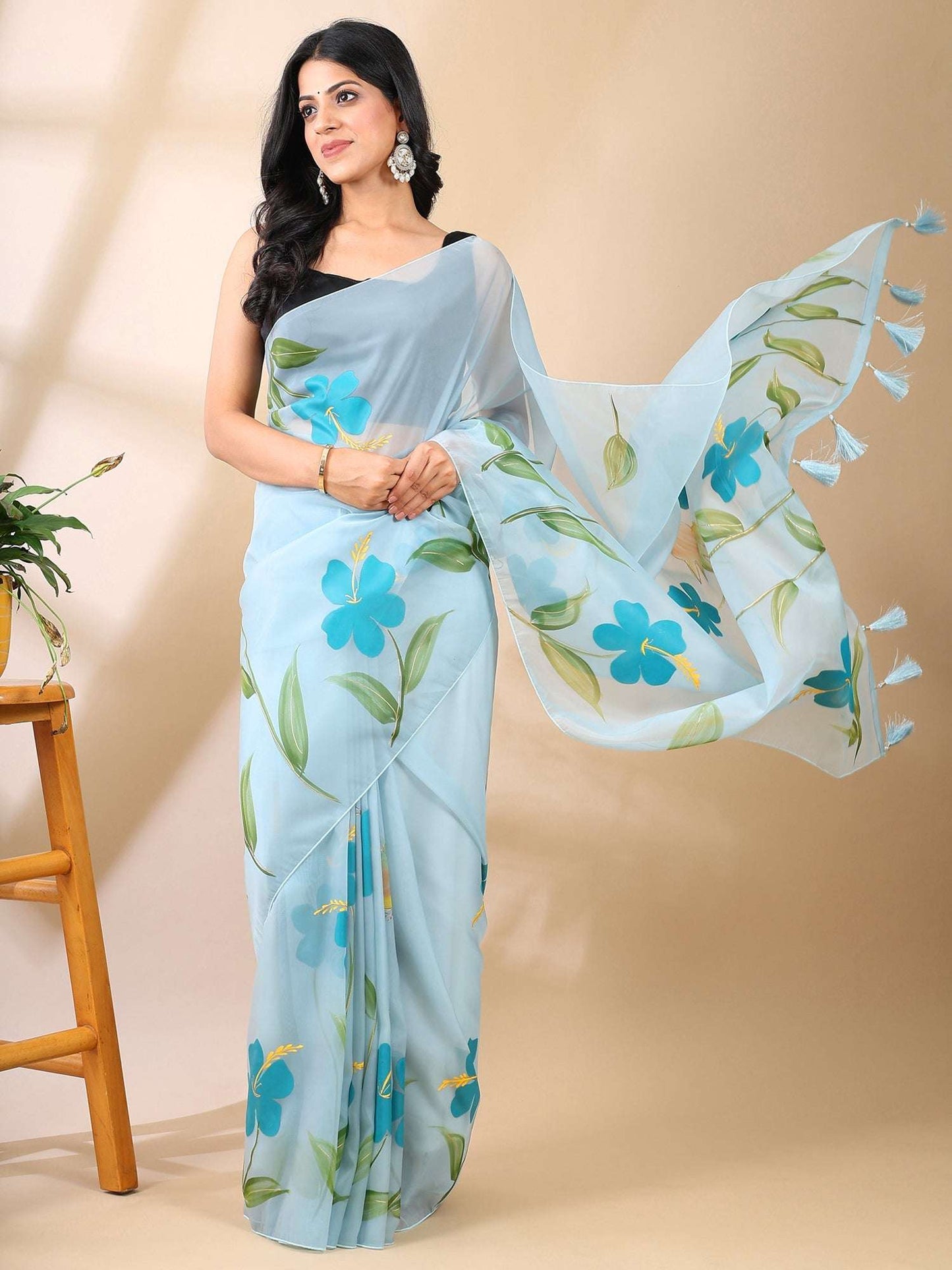 Tropical Tranquility- Sky Blue Hand-Painted Organza Saree