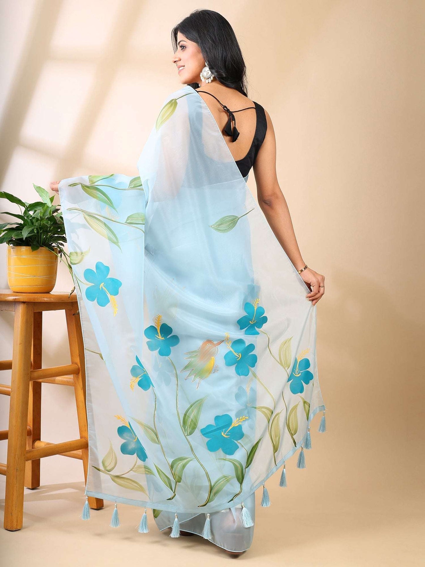 Tropical Tranquility- Sky Blue Hand-Painted Organza Saree