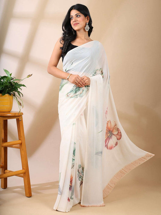 Gulbahaar White Georgette Saree