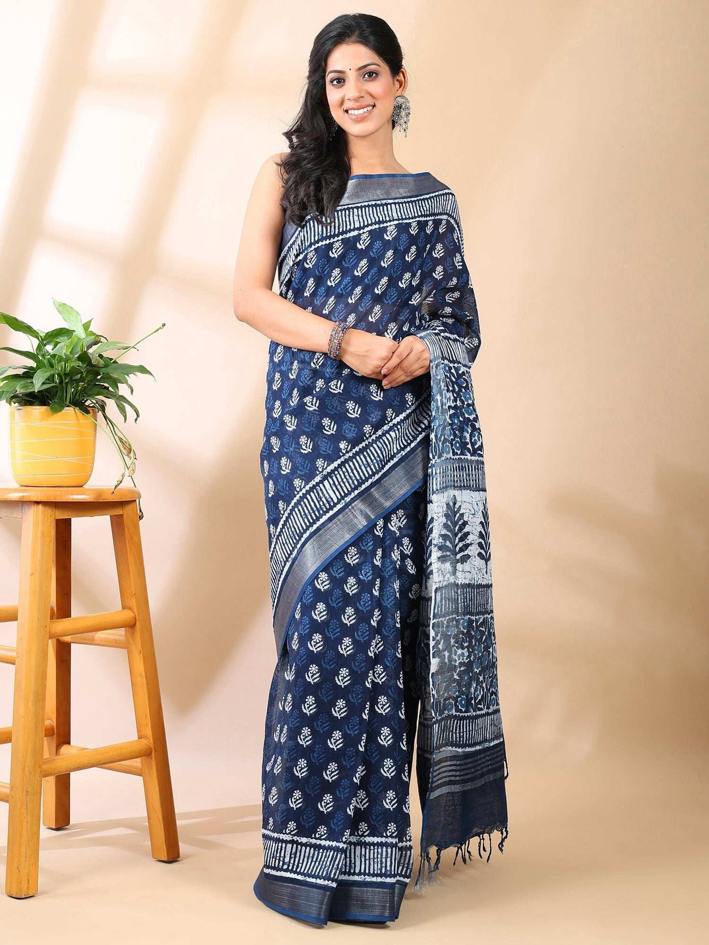 Indigo Bloom - Handblock Linen Cotton Saree