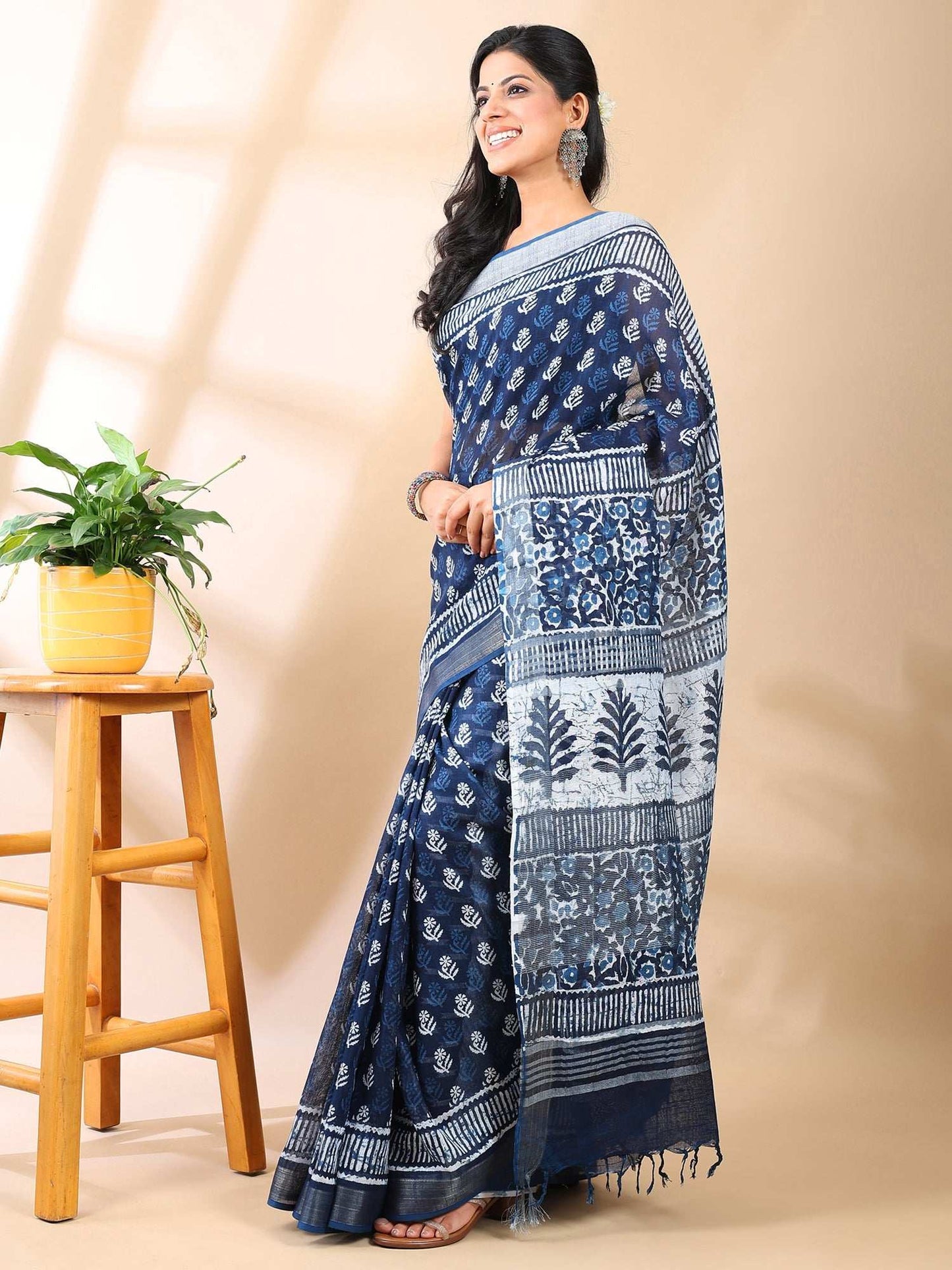Indigo Bloom - Handblock Linen Cotton Saree