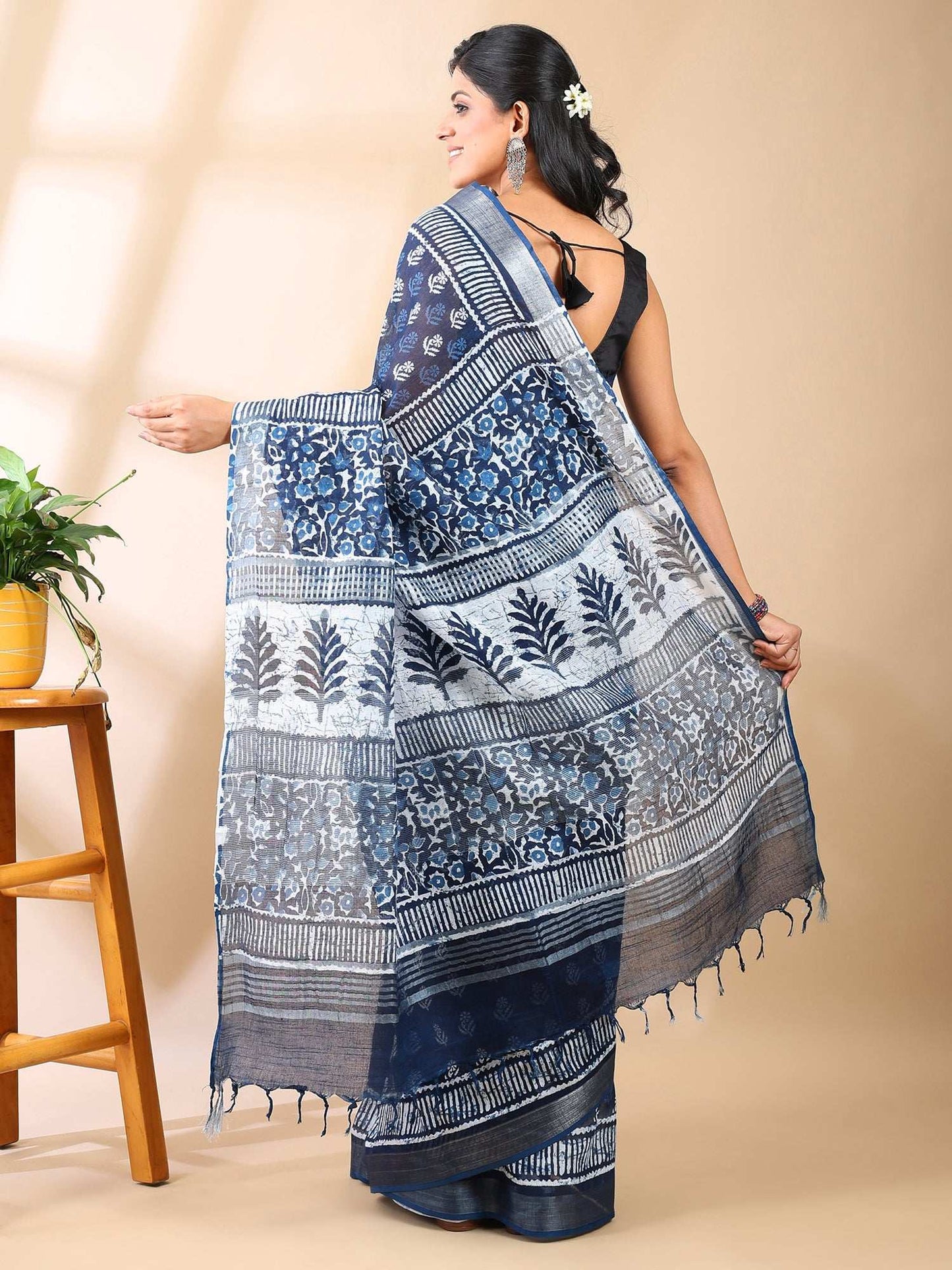 Indigo Bloom - Handblock Linen Cotton Saree
