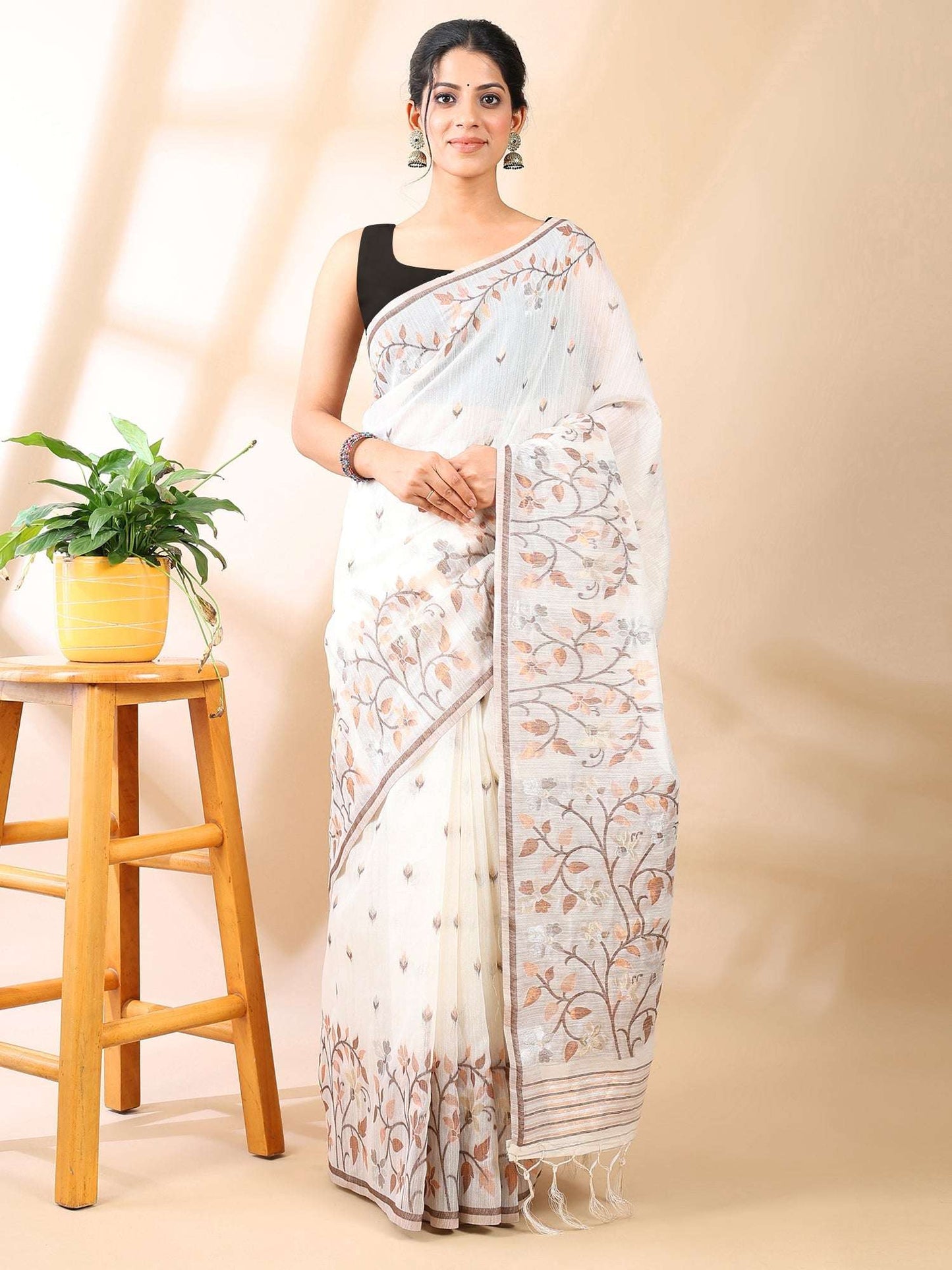 White & Beige Jamdani Cotton Saree