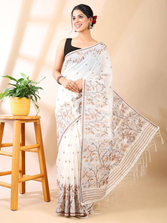 White & Beige Jamdani Cotton Saree