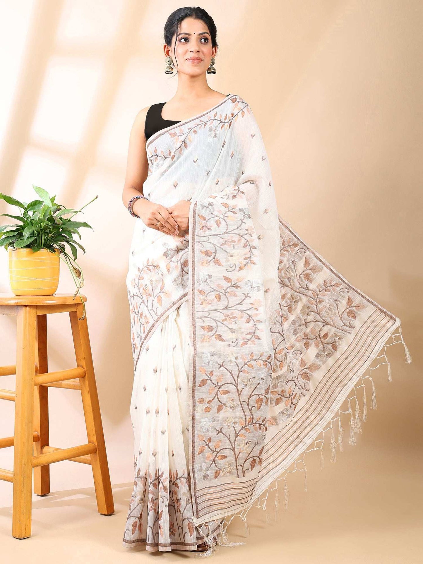 White & Beige Jamdani Cotton Saree