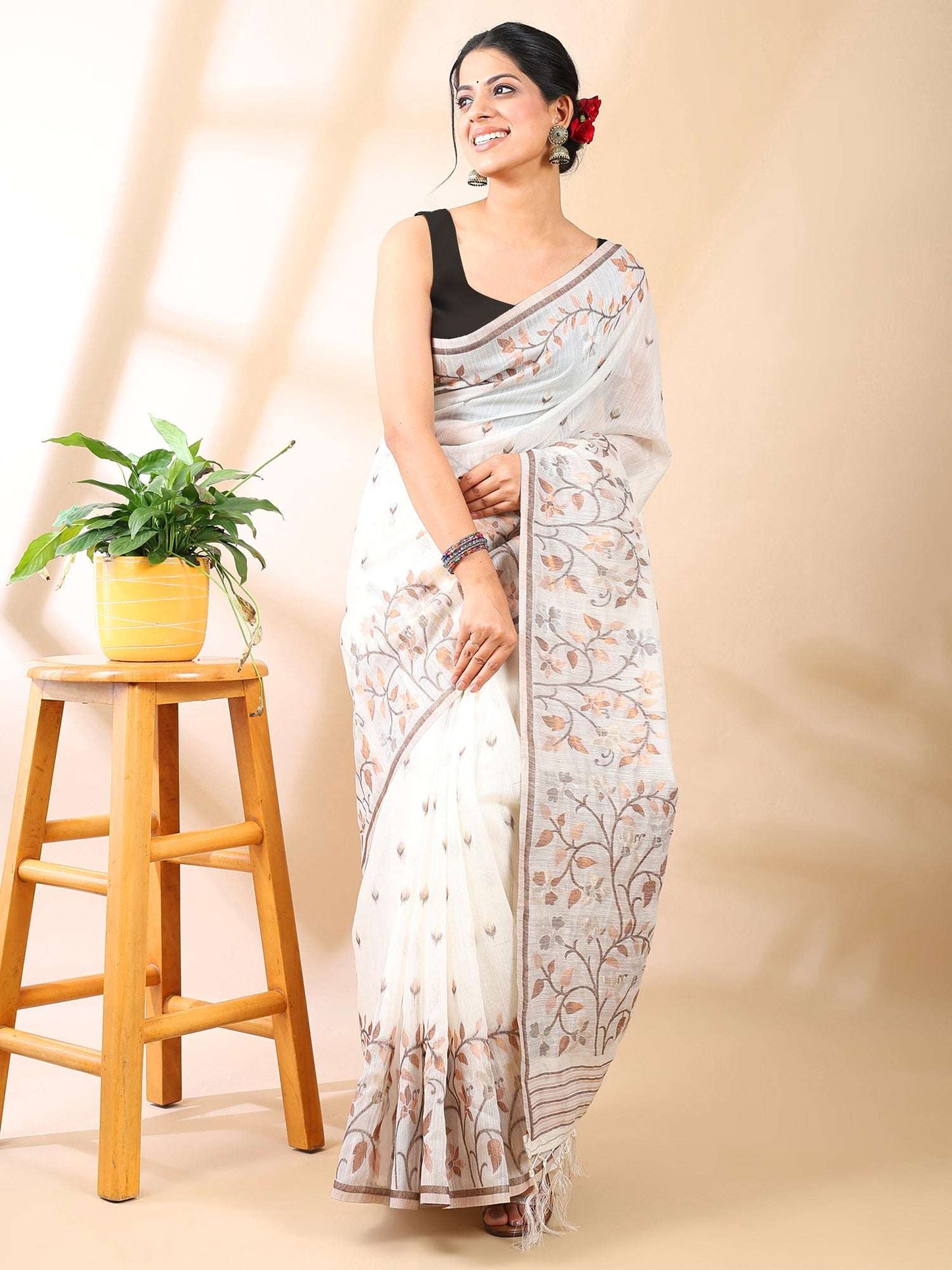 White & Beige Jamdani Cotton Saree