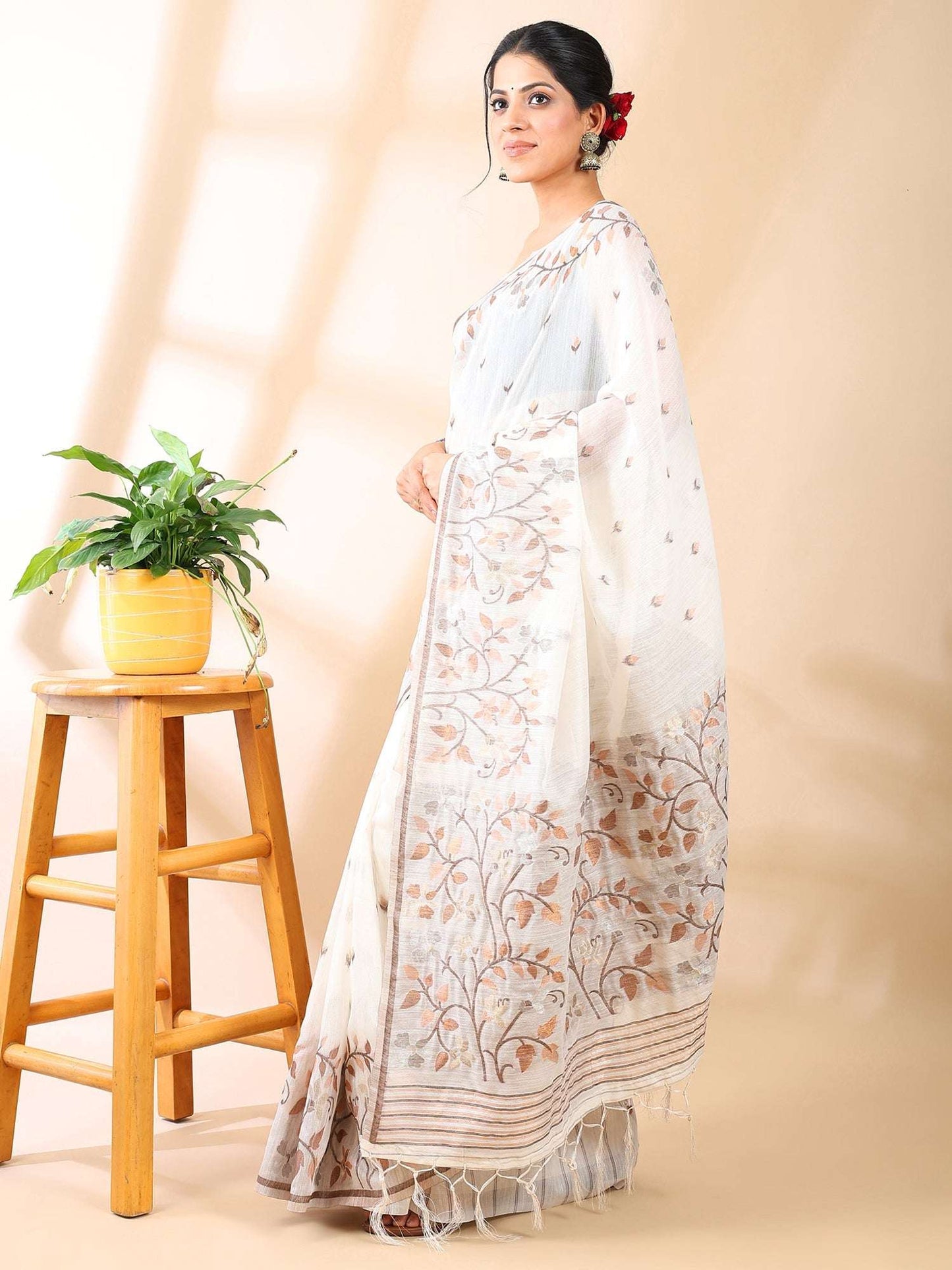 White & Beige Jamdani Cotton Saree