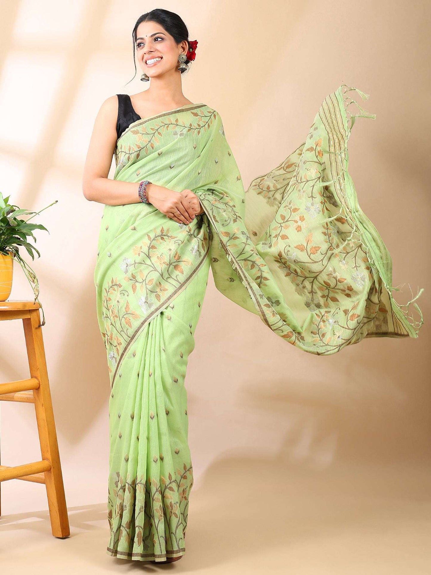 Green Jamdani Cotton Saree