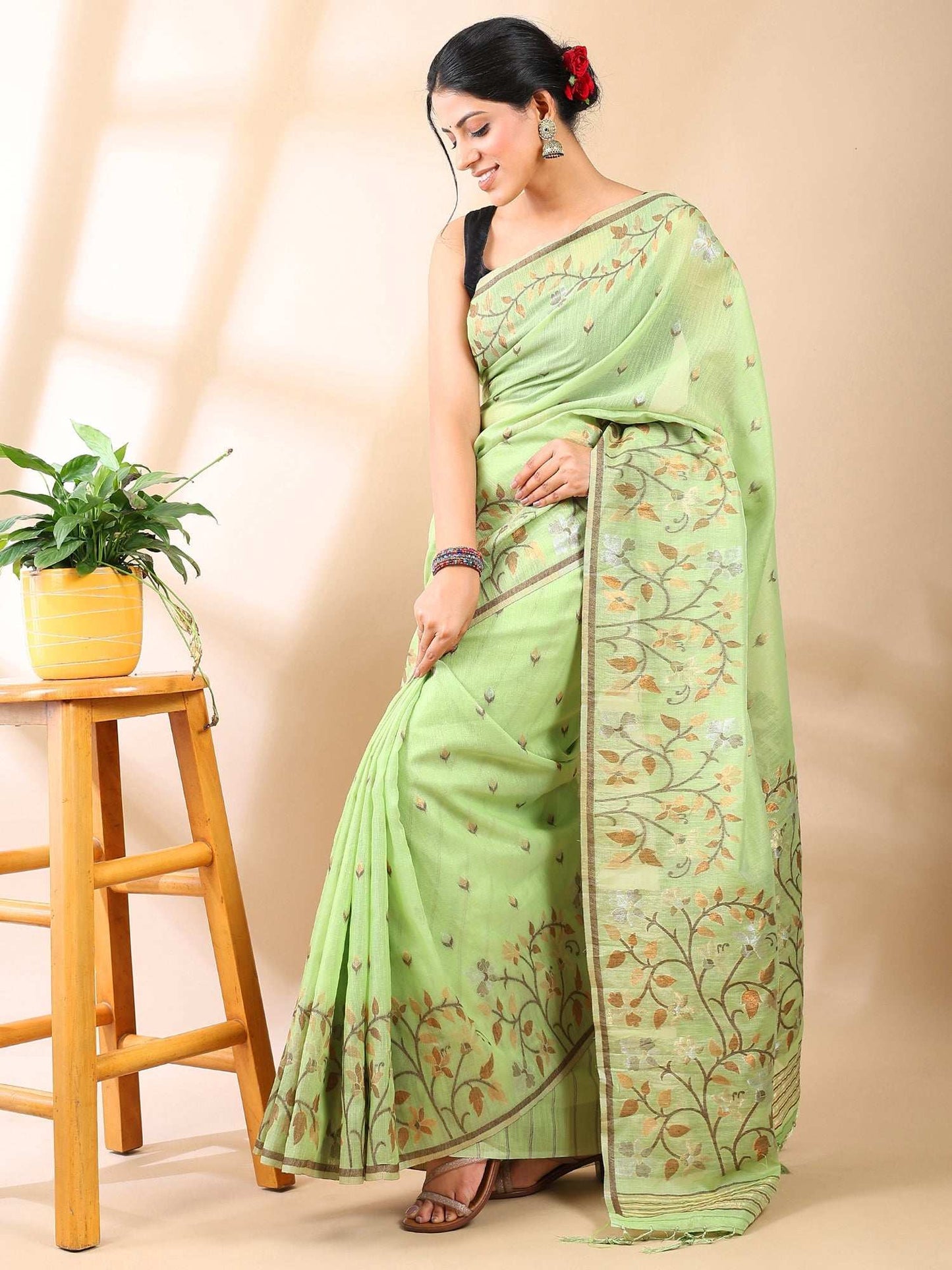 Green Jamdani Cotton Saree