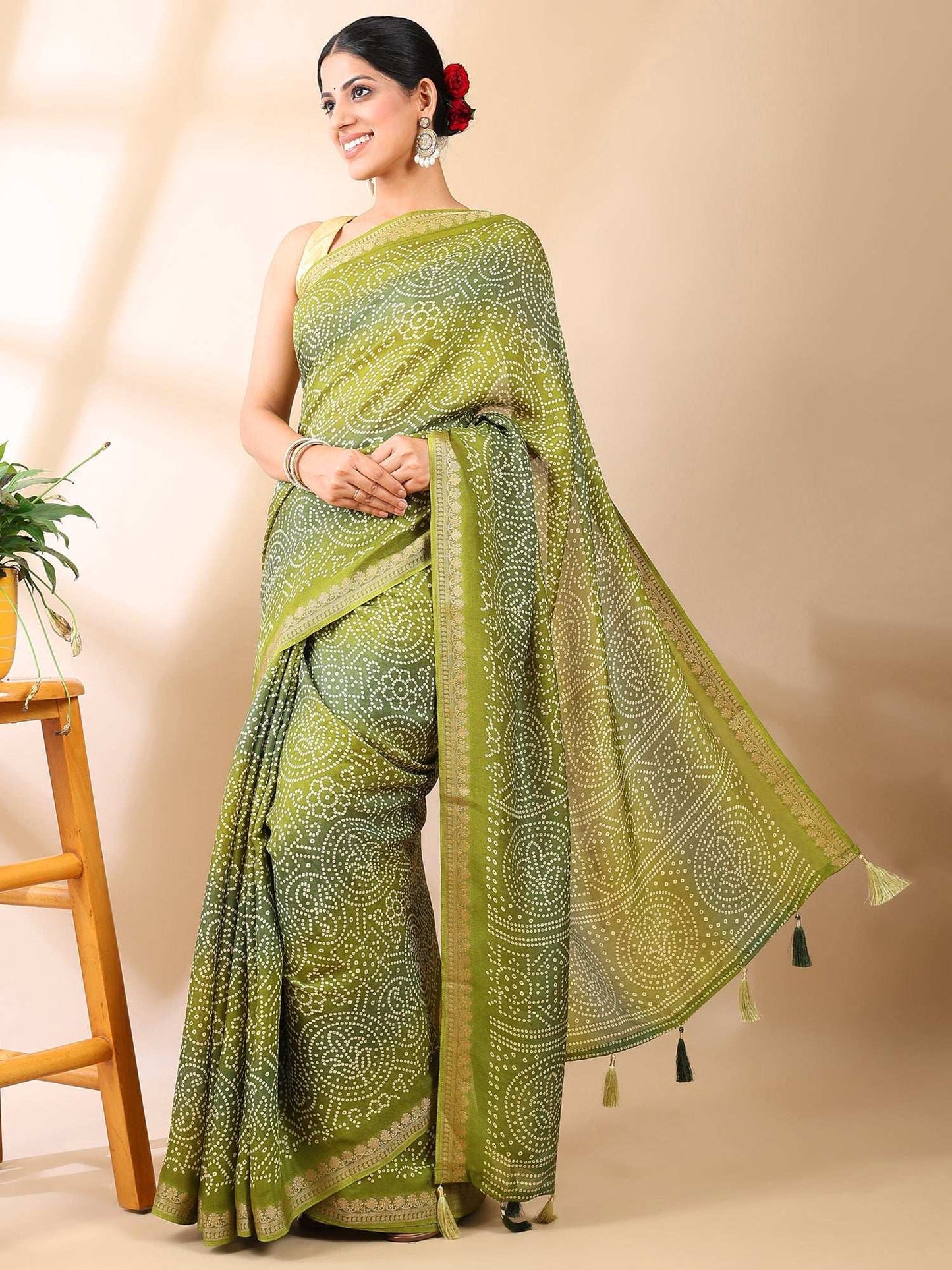 Olive Tapestry - Bandhani Elegance Saree