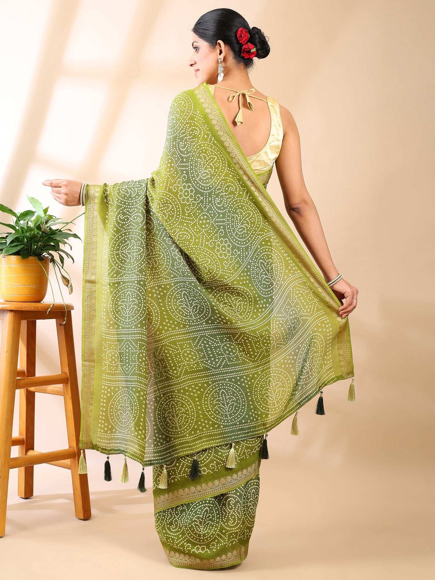 Olive Tapestry - Bandhani Elegance Saree
