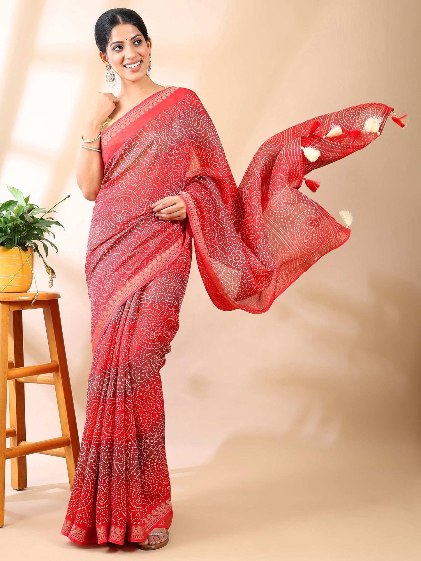 Crimson Mirage - Bandhani Georgette Silk Saree