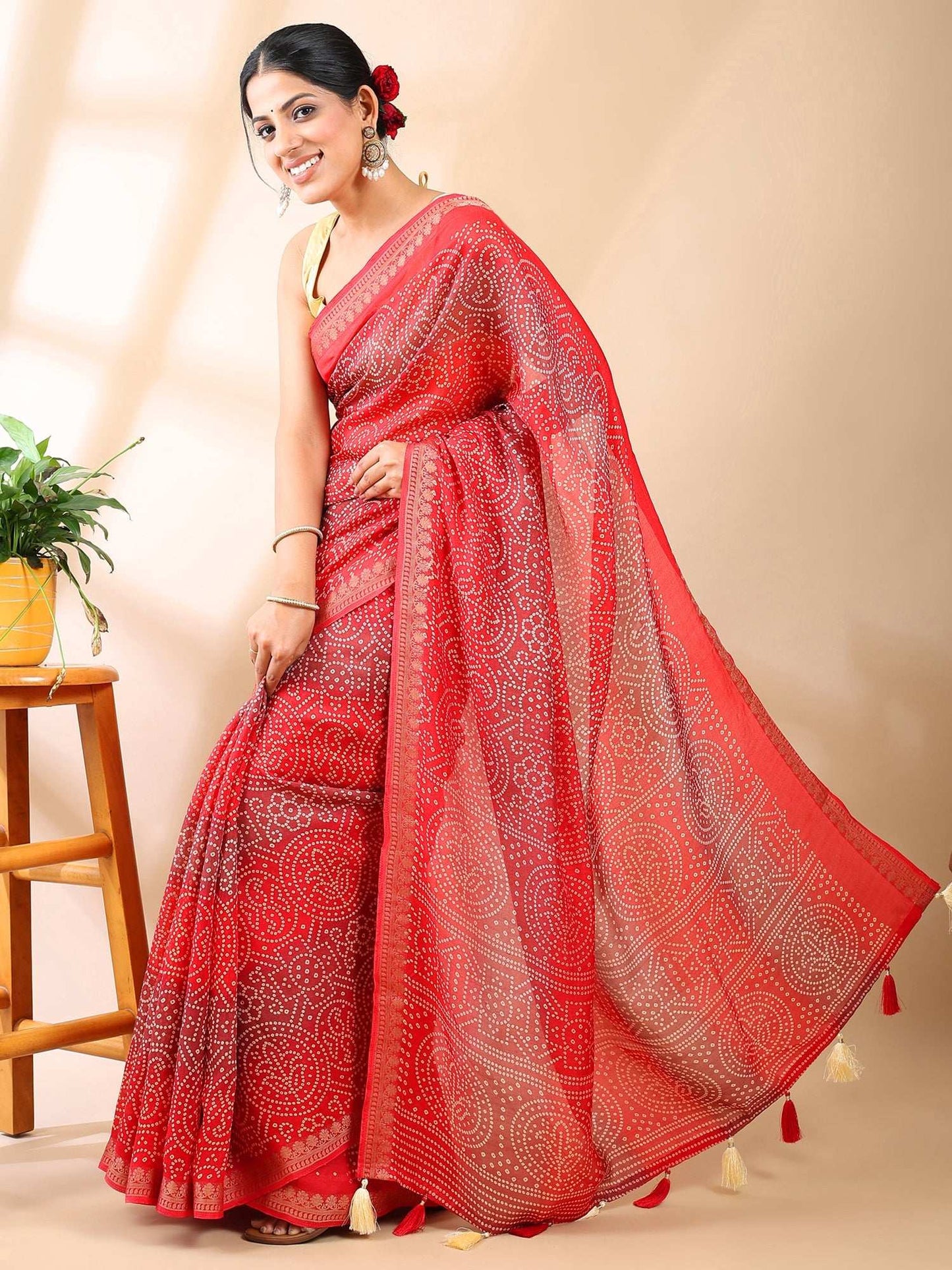 Crimson Mirage - Bandhani Georgette Silk Saree