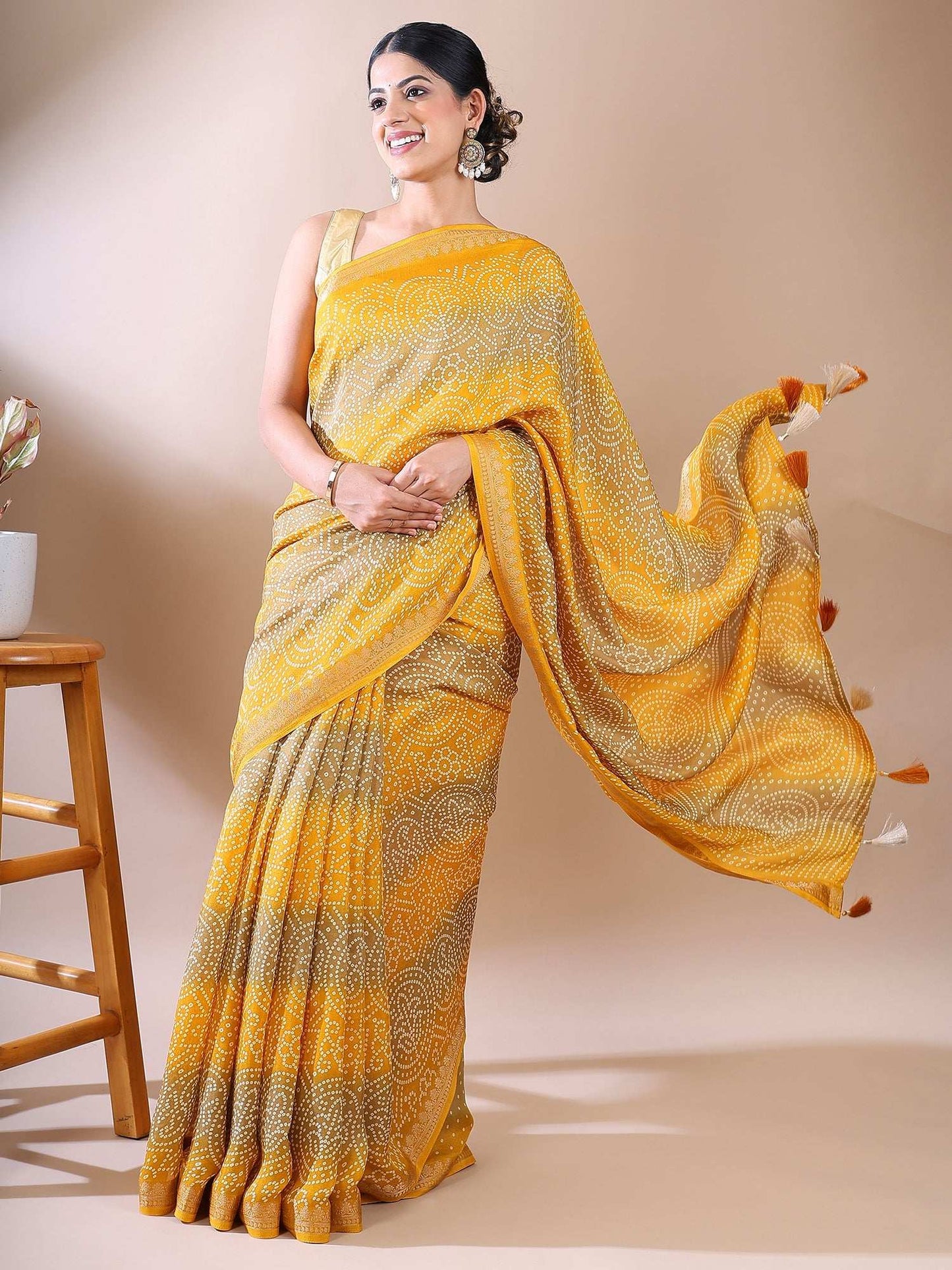 Classic Charm- Yellow Bandhani Georgette Silk Saree