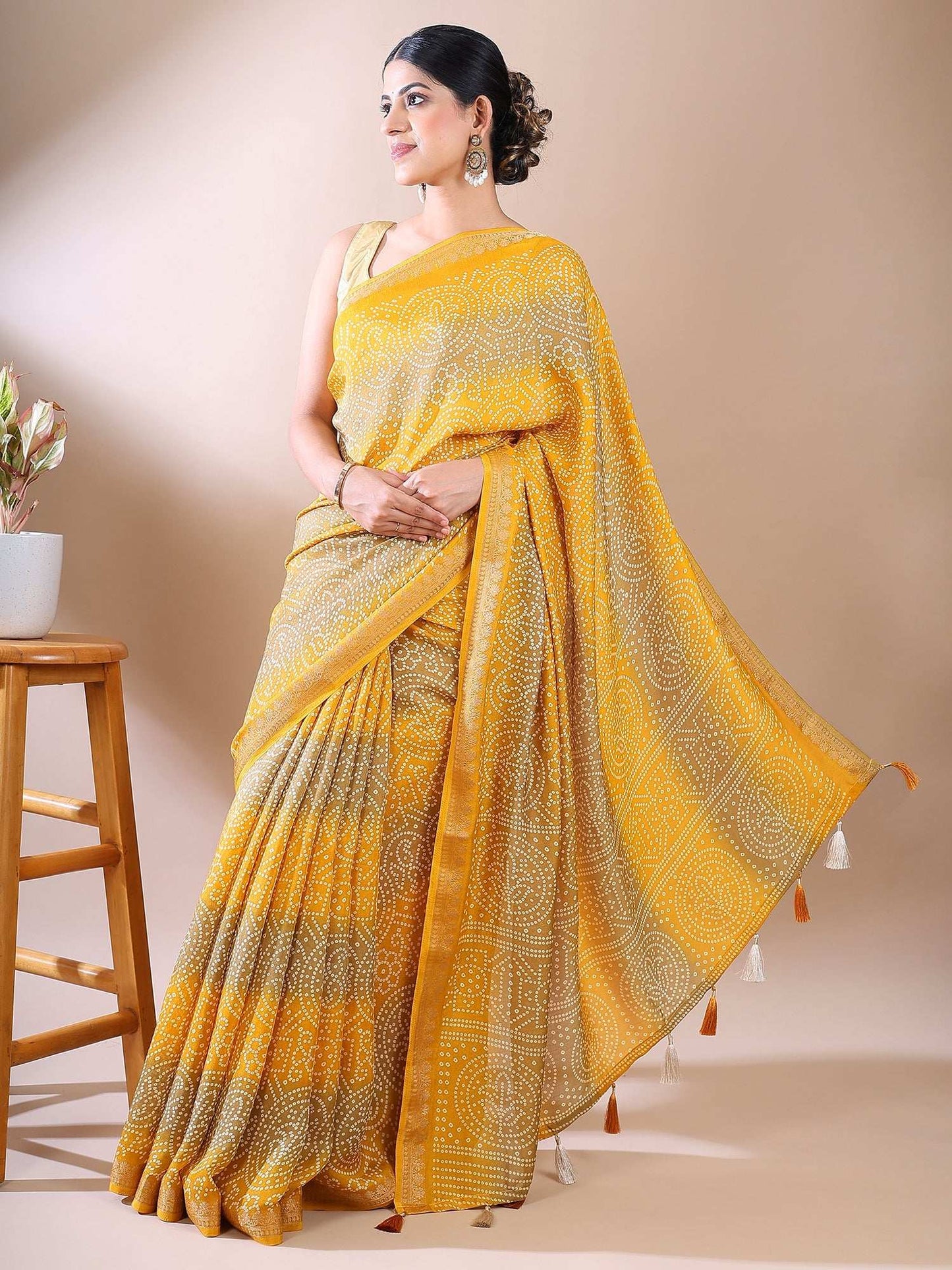 Classic Charm- Yellow Bandhani Georgette Silk Saree