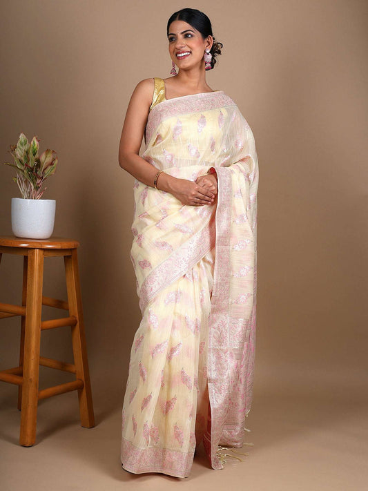 Noor - Cotton Silk Saree in Pastel Yellow