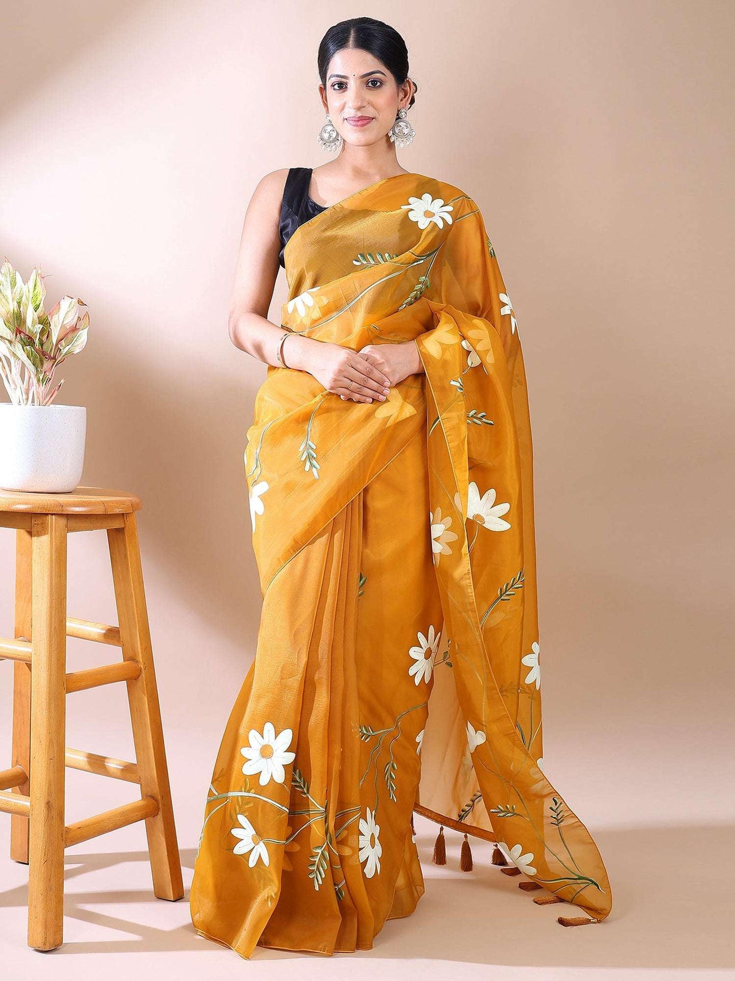 Fresh Bloom- Mustard Yellow Hand-Painted organza Cotton Saree