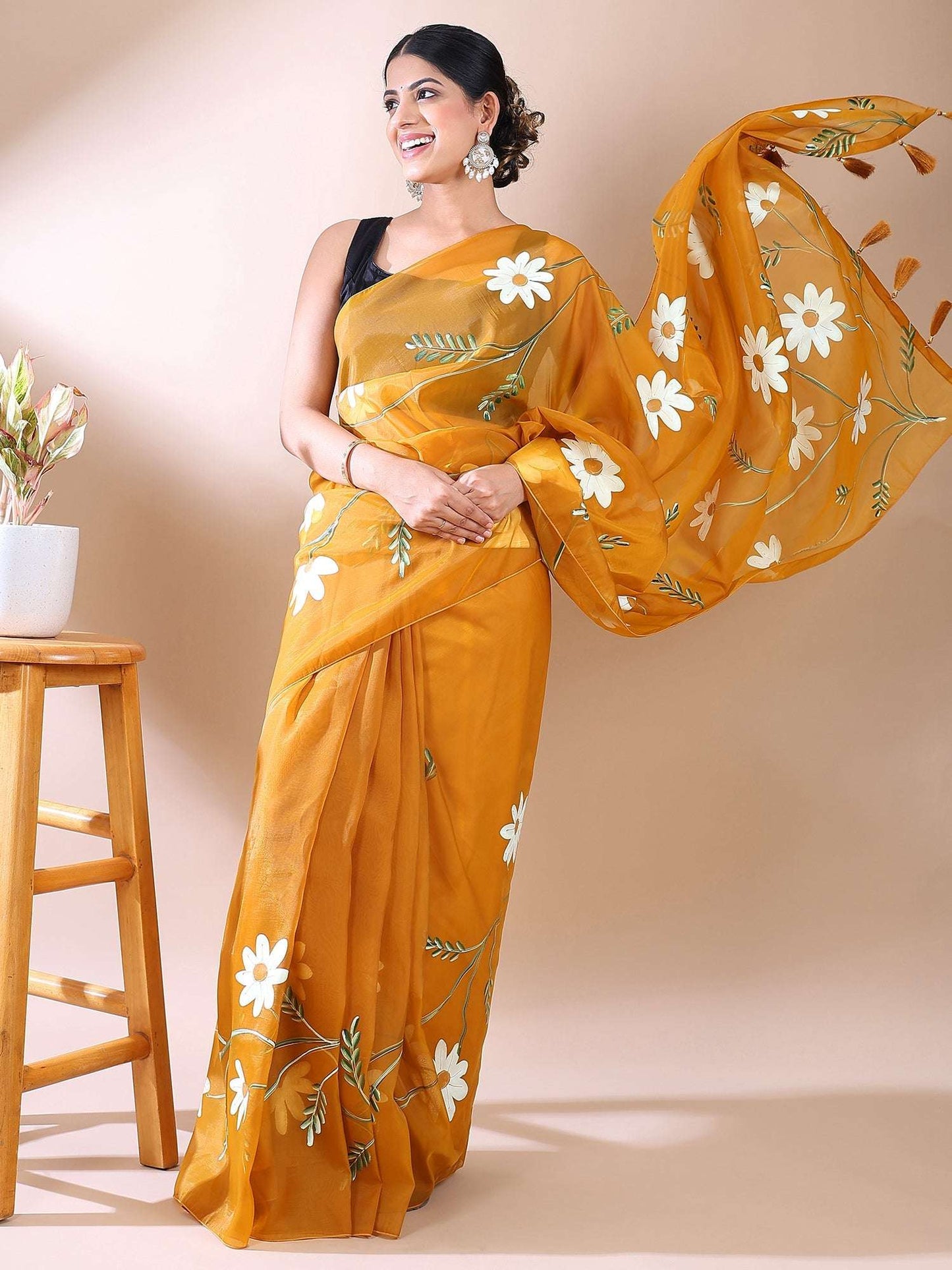 Fresh Bloom- Mustard Yellow Hand-Painted organza Cotton Saree