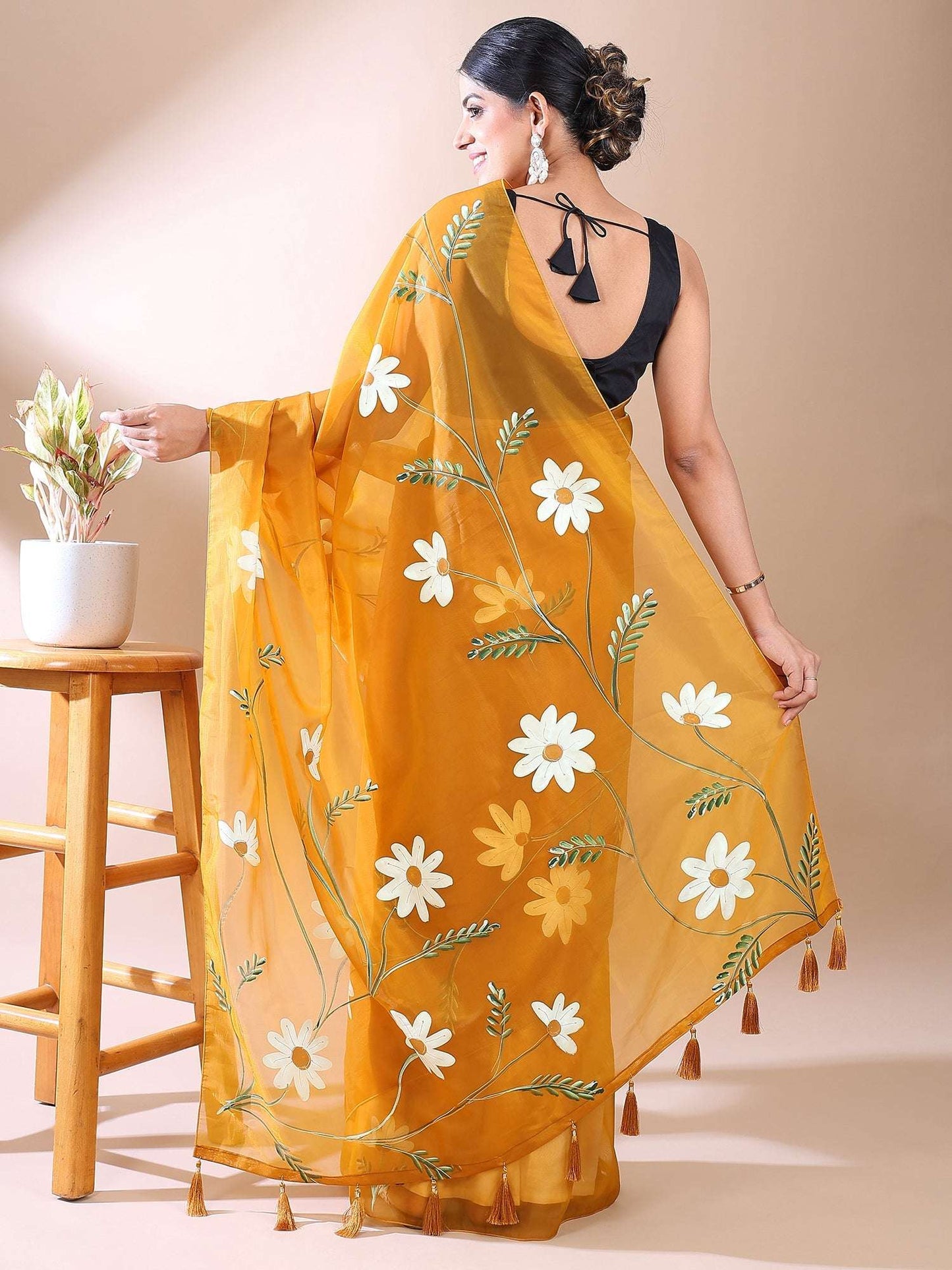 Fresh Bloom- Mustard Yellow Hand-Painted organza Cotton Saree