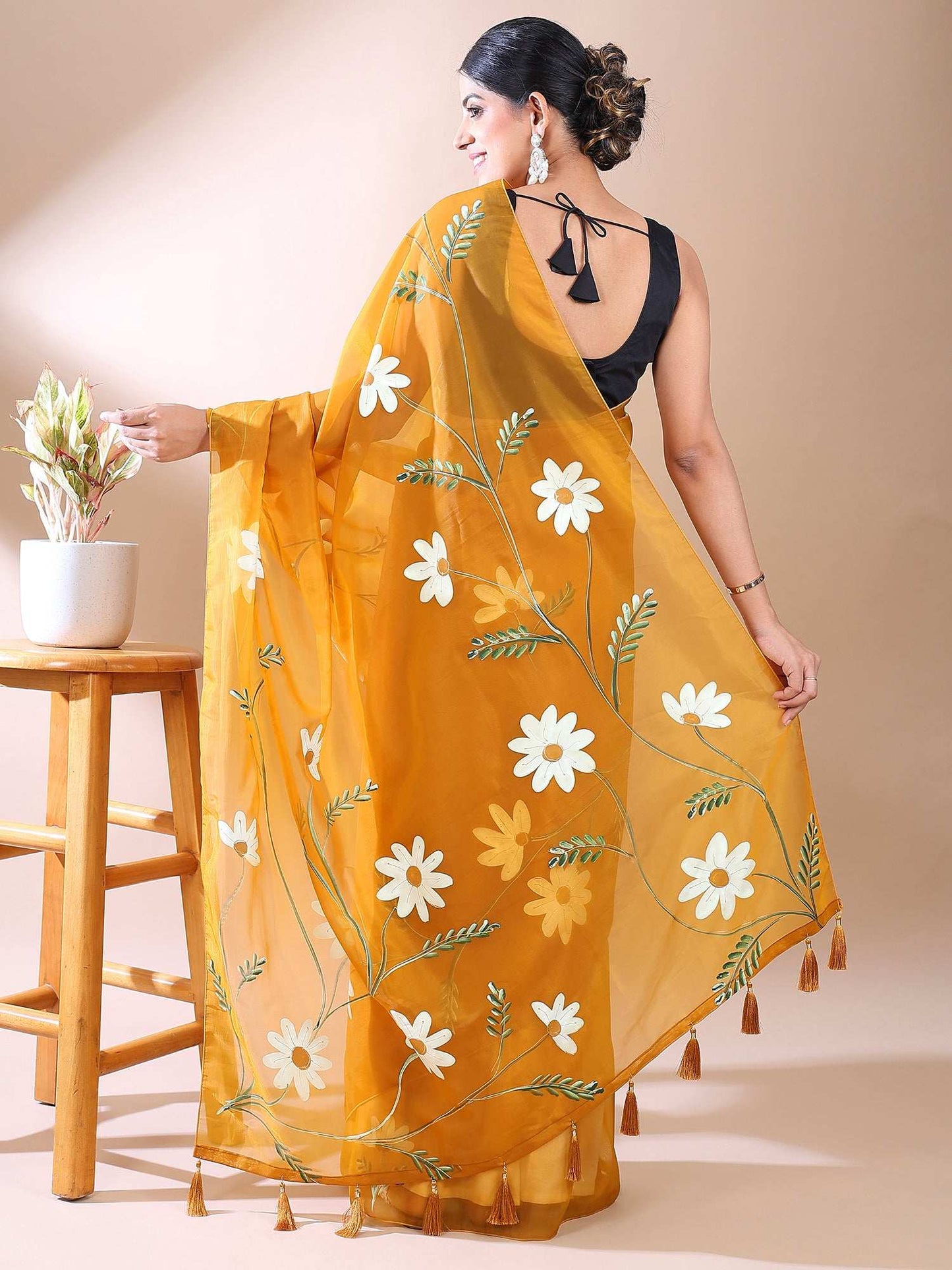 Fresh Bloom- Mustard Yellow Hand-Painted organza Cotton Saree