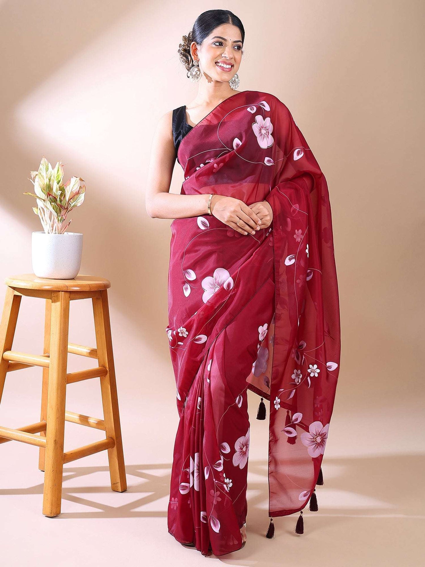 Elegant Bloom- Wine Purple Hand-Painted Organza Saree