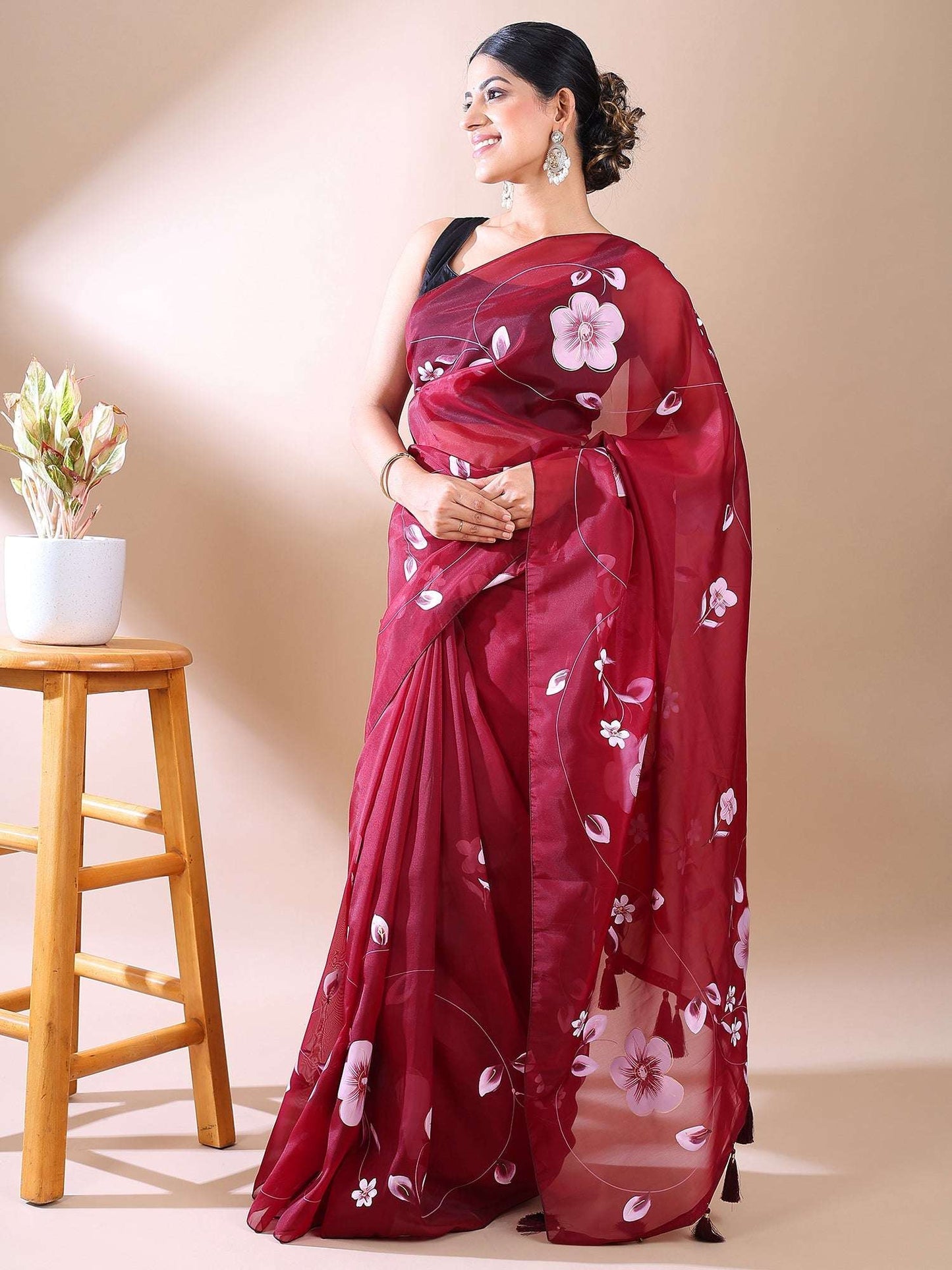 Elegant Bloom- Wine Purple Hand-Painted Organza Saree