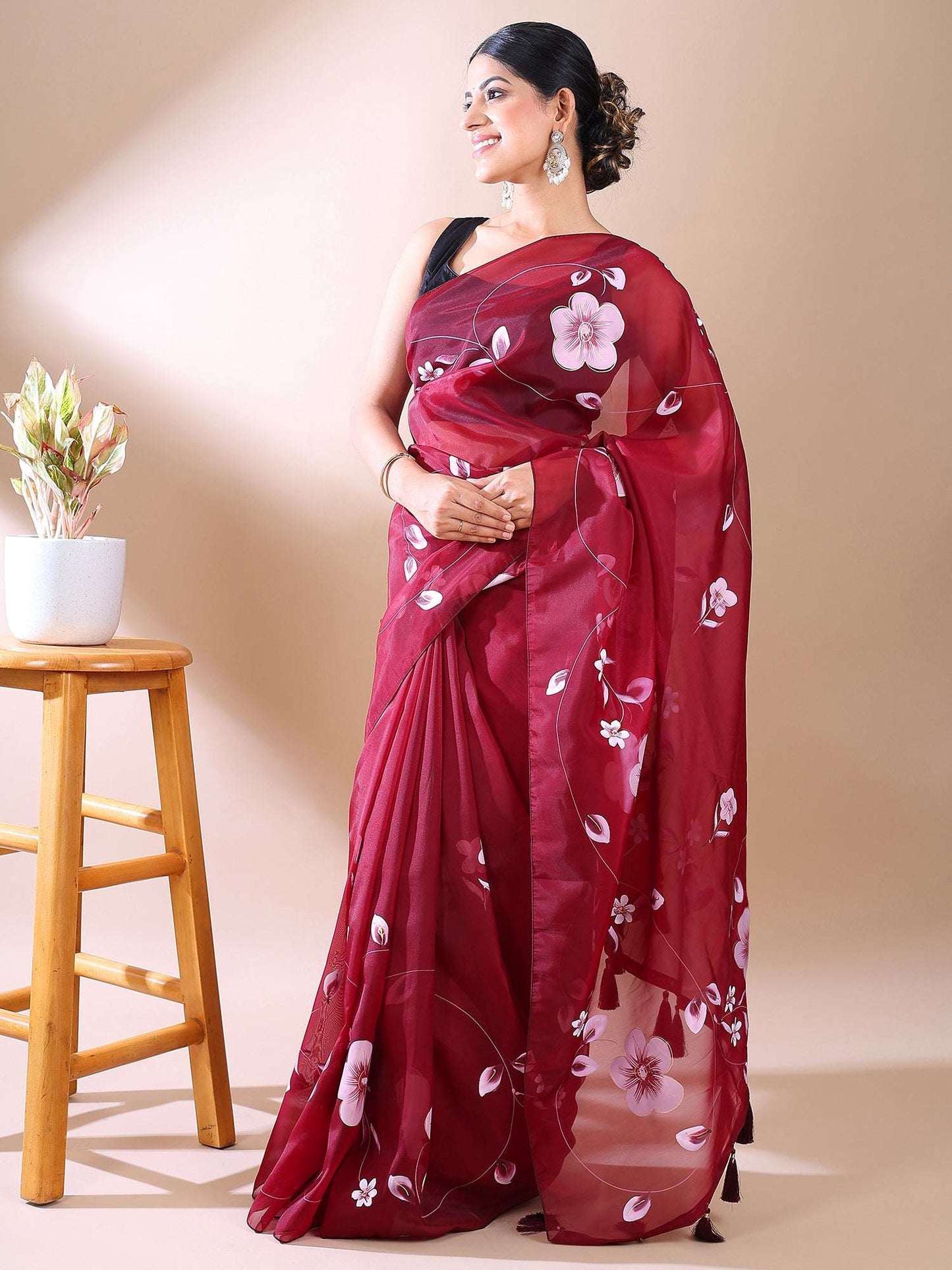 Elegant Bloom- Wine Purple Hand-Painted Organza Saree