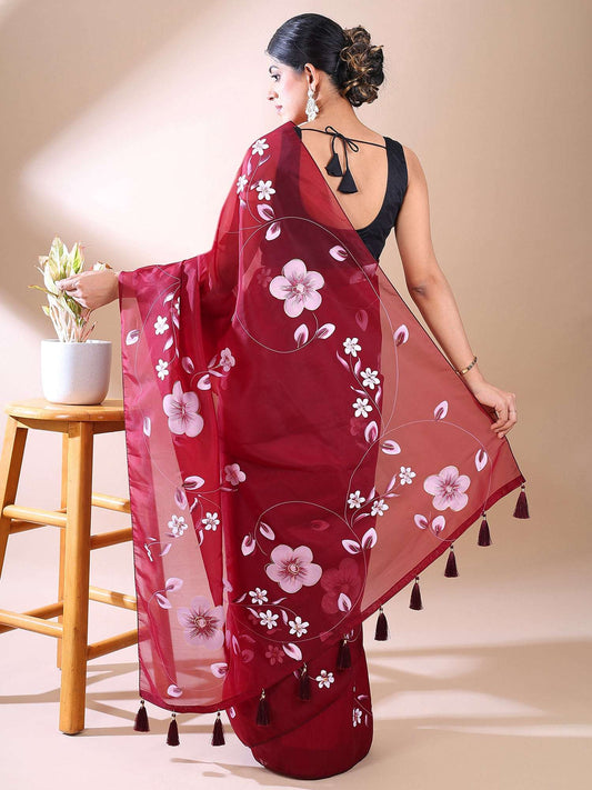 Elegant Bloom- Wine Purple Hand-Painted Organza Saree