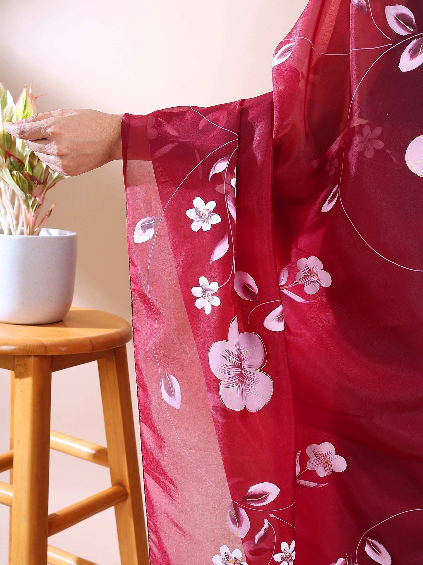Elegant Bloom- Wine Purple Hand-Painted Organza Saree