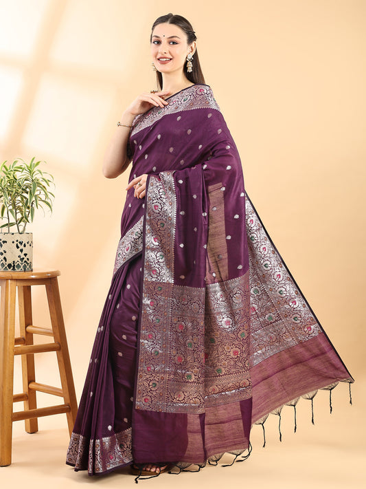Purple Banarasi Chanderi Silk Saree with Zari Boota, Floral Jaal Border and Pallu