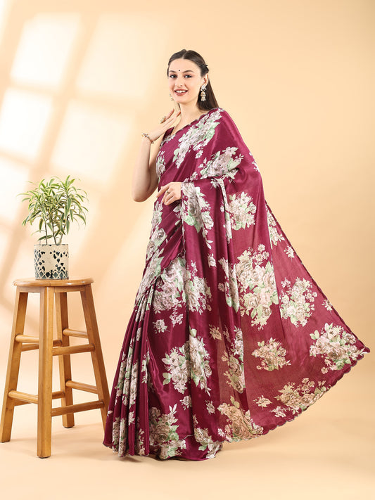 Wine Printed Semi Crepe Saree with Floral Print and Border Detailing