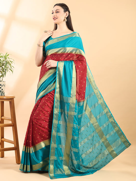 Maroon and Firozi Mysore Crepe Saree with Zari Boota and Contrast Pallu