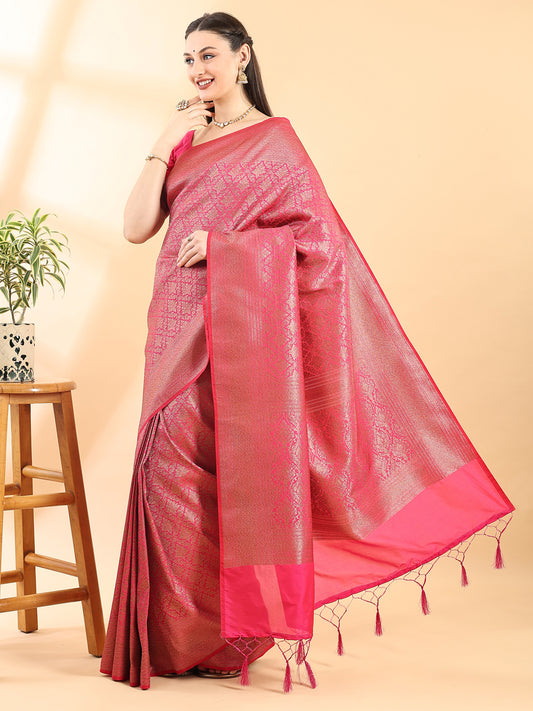 Magenta Banarasi Silk Saree with Gold Zari Booti and Border