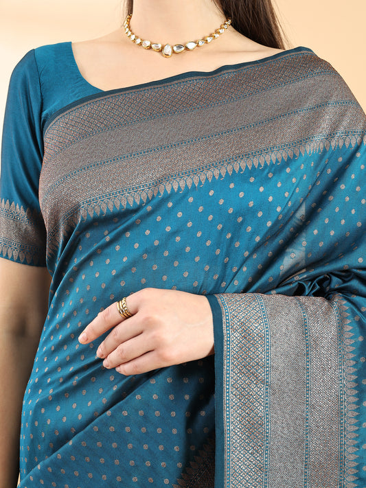 Teal Blue Banarasi Silk Saree with Gold Zari Boota and Border