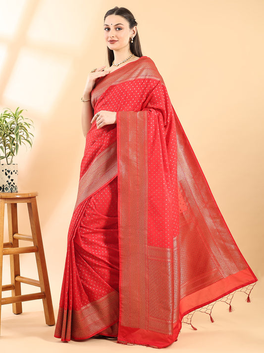 Red Banarasi Silk Saree with Gold Zari Boota and Border